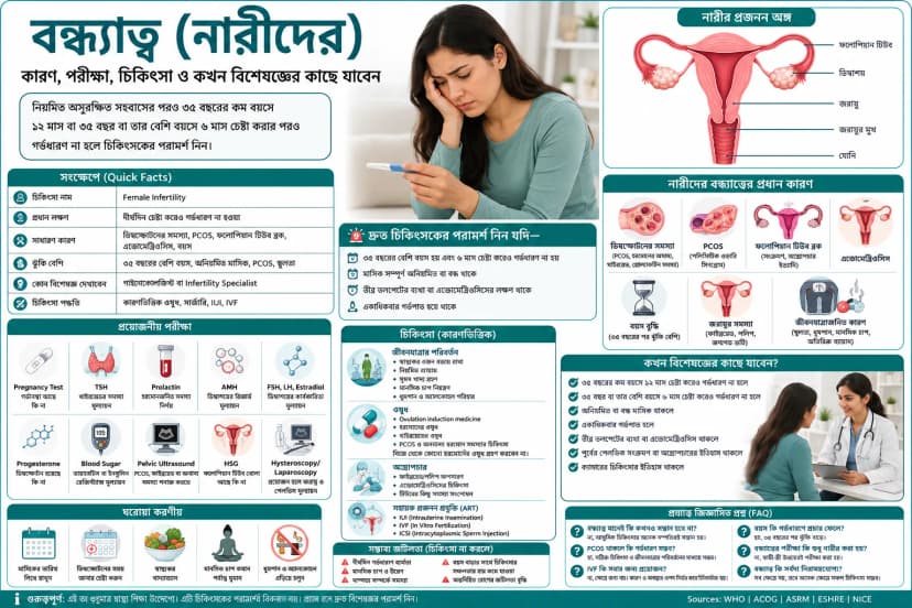বন্ধ্যাত্ব (নারীদের): কারণ, পরীক্ষা, চিকিৎসা ও কখন বিশেষজ্ঞের কাছে যাবেন