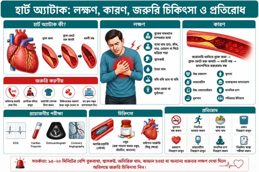 হার্ট অ্যাটাক: লক্ষণ, কারণ, জরুরি চিকিৎসা ও প্রতিরোধ