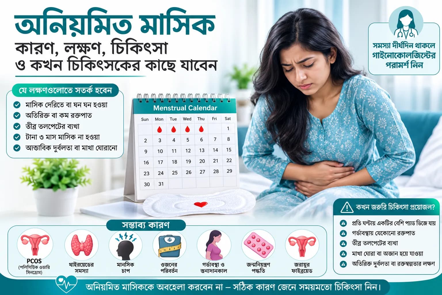 অনিয়মিত মাসিক: কারণ, লক্ষণ, চিকিৎসা ও কখন চিকিৎসকের কাছে যাবেন
