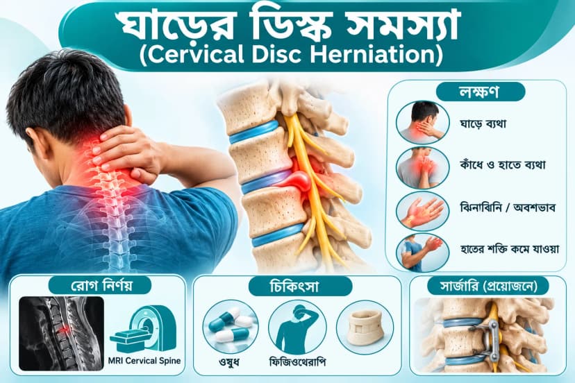 ঘাড়ের ডিস্ক সমস্যা (Cervical Disc Herniation): লক্ষণ, চিকিৎসা ও সার্জারি