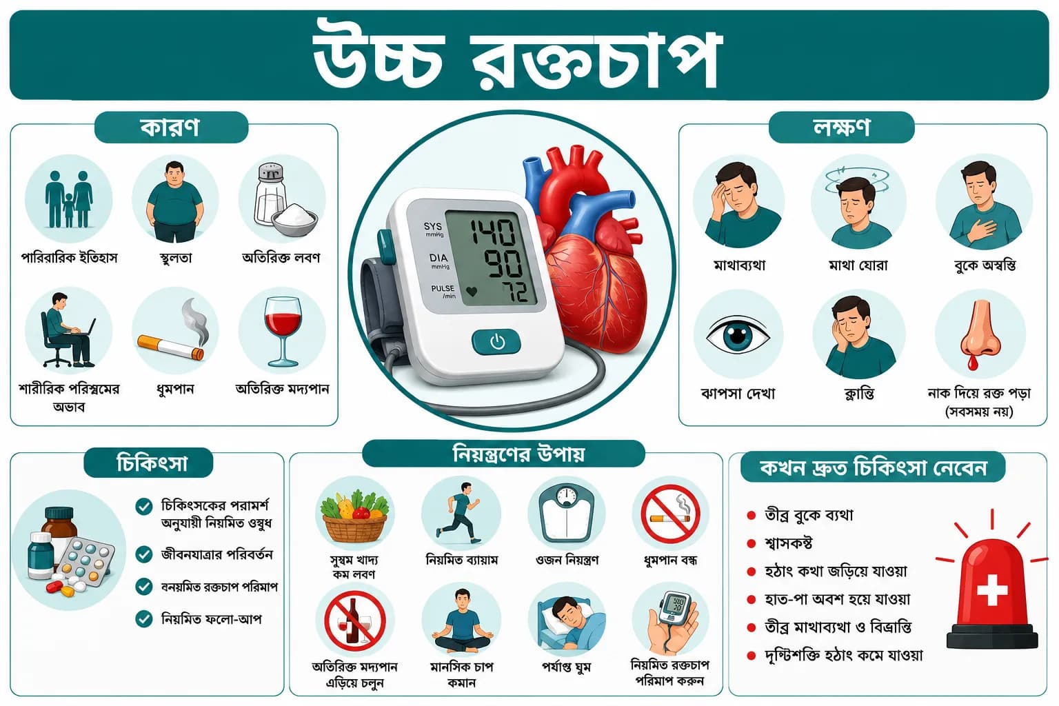 উচ্চ রক্তচাপ (High Blood Pressure): কারণ, লক্ষণ, চিকিৎসা ও নিয়ন্ত্রণের উপায়
