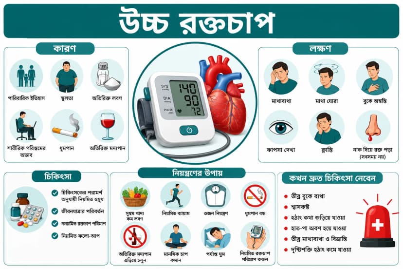 উচ্চ রক্তচাপ (High Blood Pressure): কারণ, লক্ষণ, চিকিৎসা ও নিয়ন্ত্রণের উপায়