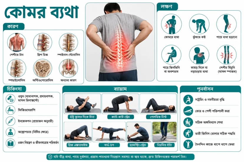 কোমর ব্যথা: কারণ, চিকিৎসা, ব্যায়াম ও পুনর্বাসন