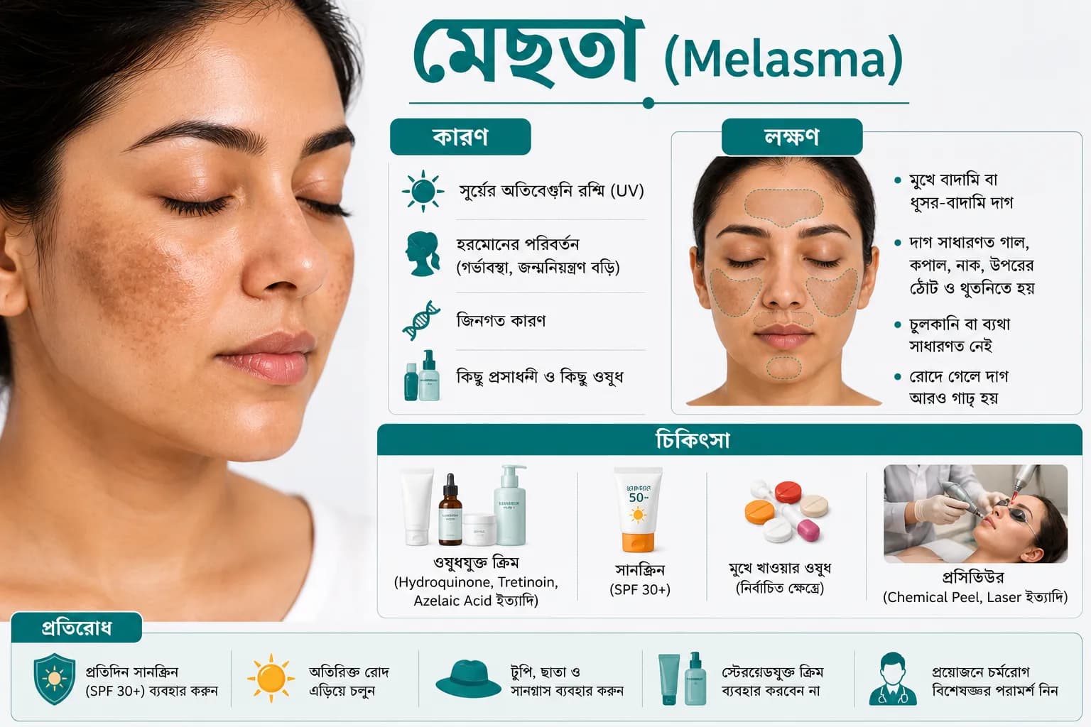 মেছতা (Melasma): কারণ, লক্ষণ, চিকিৎসা ও প্রতিরোধ
