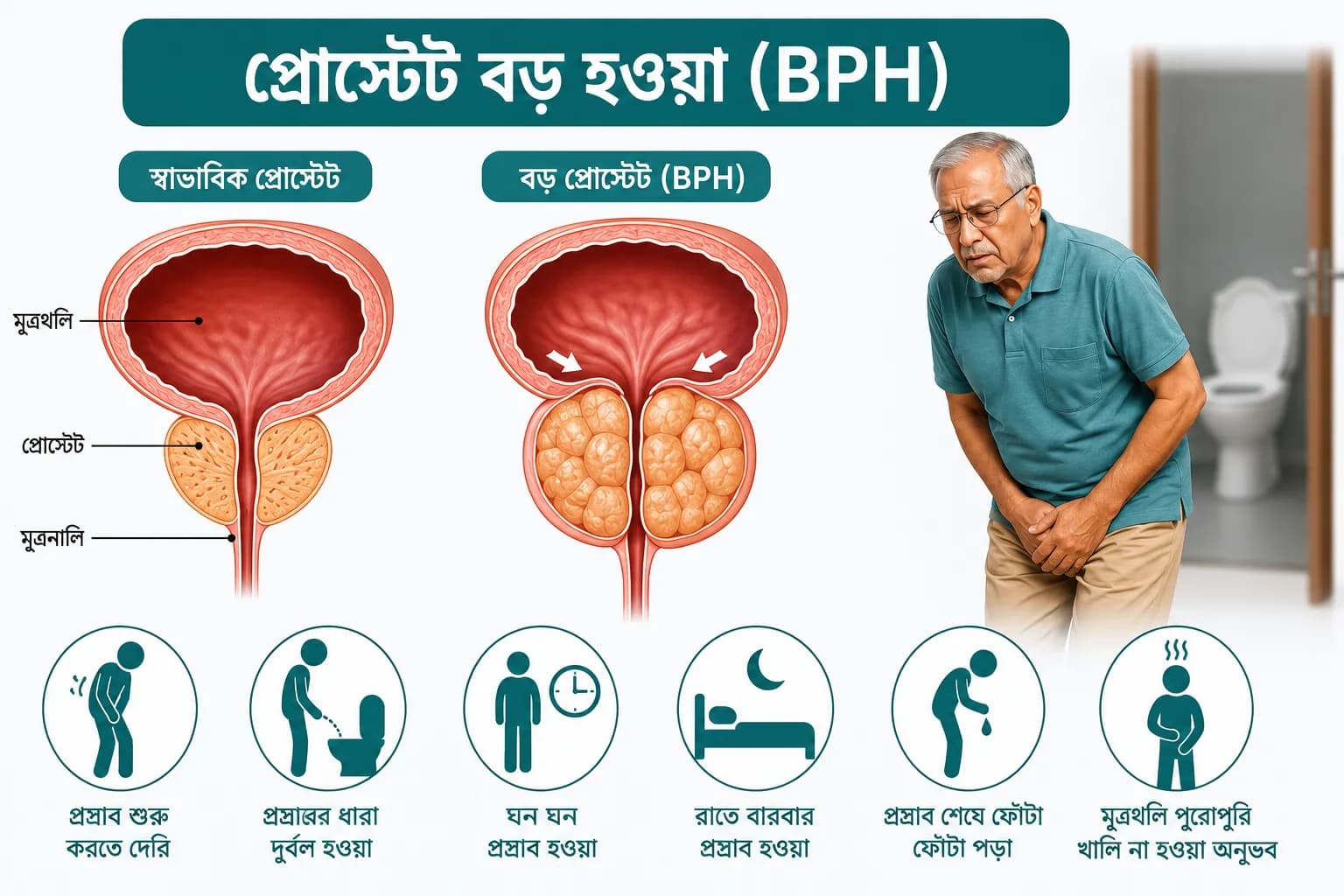 প্রোস্টেট বড় হওয়া (Benign Prostatic Hyperplasia - BPH): কারণ, লক্ষণ, পরীক্ষা, চিকিৎসা ও কখন অপারেশন প্রয়োজন