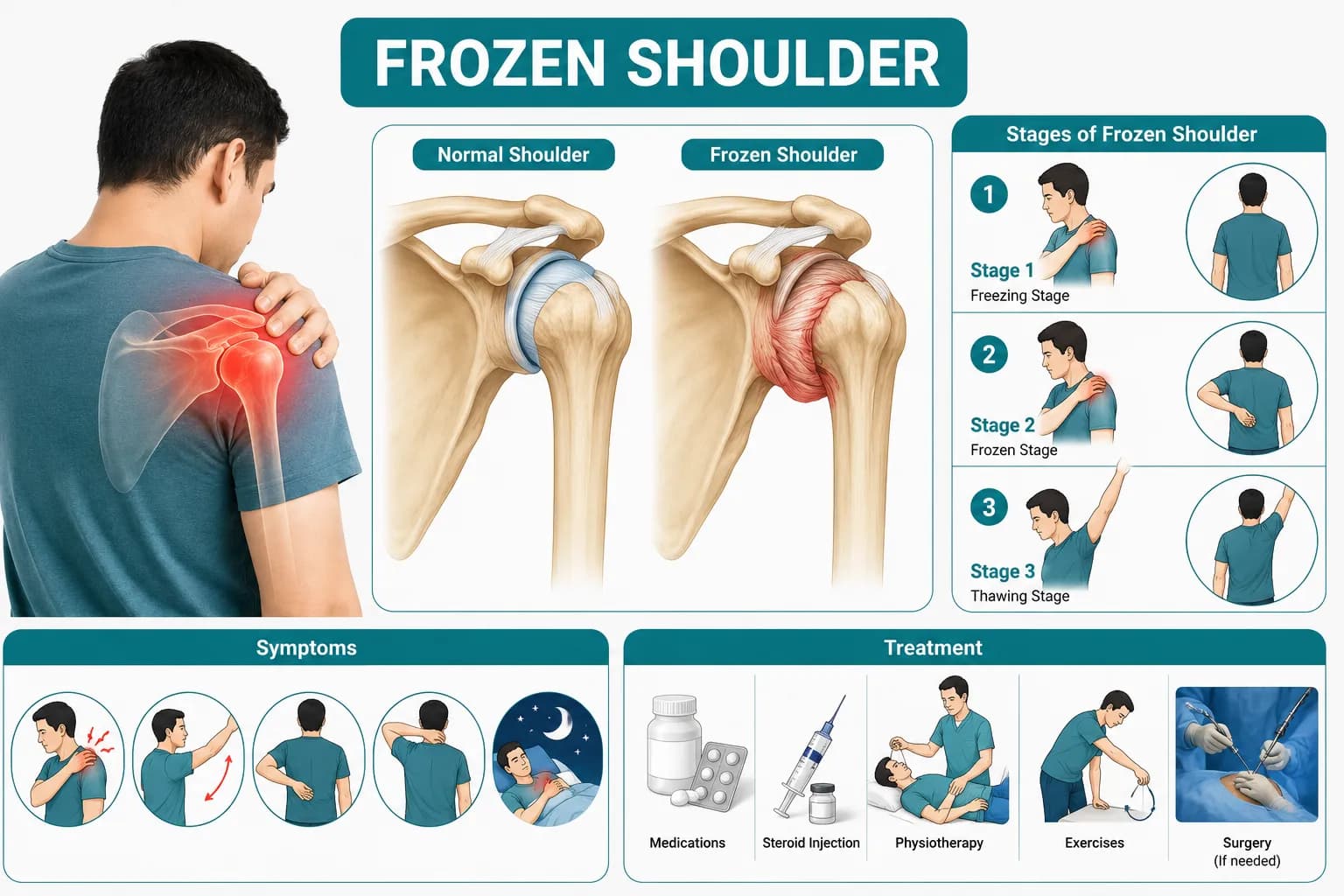 ফ্রোজেন শোল্ডার (Frozen Shoulder): কারণ, লক্ষণ, পরীক্ষা, চিকিৎসা ও প্রতিরোধ