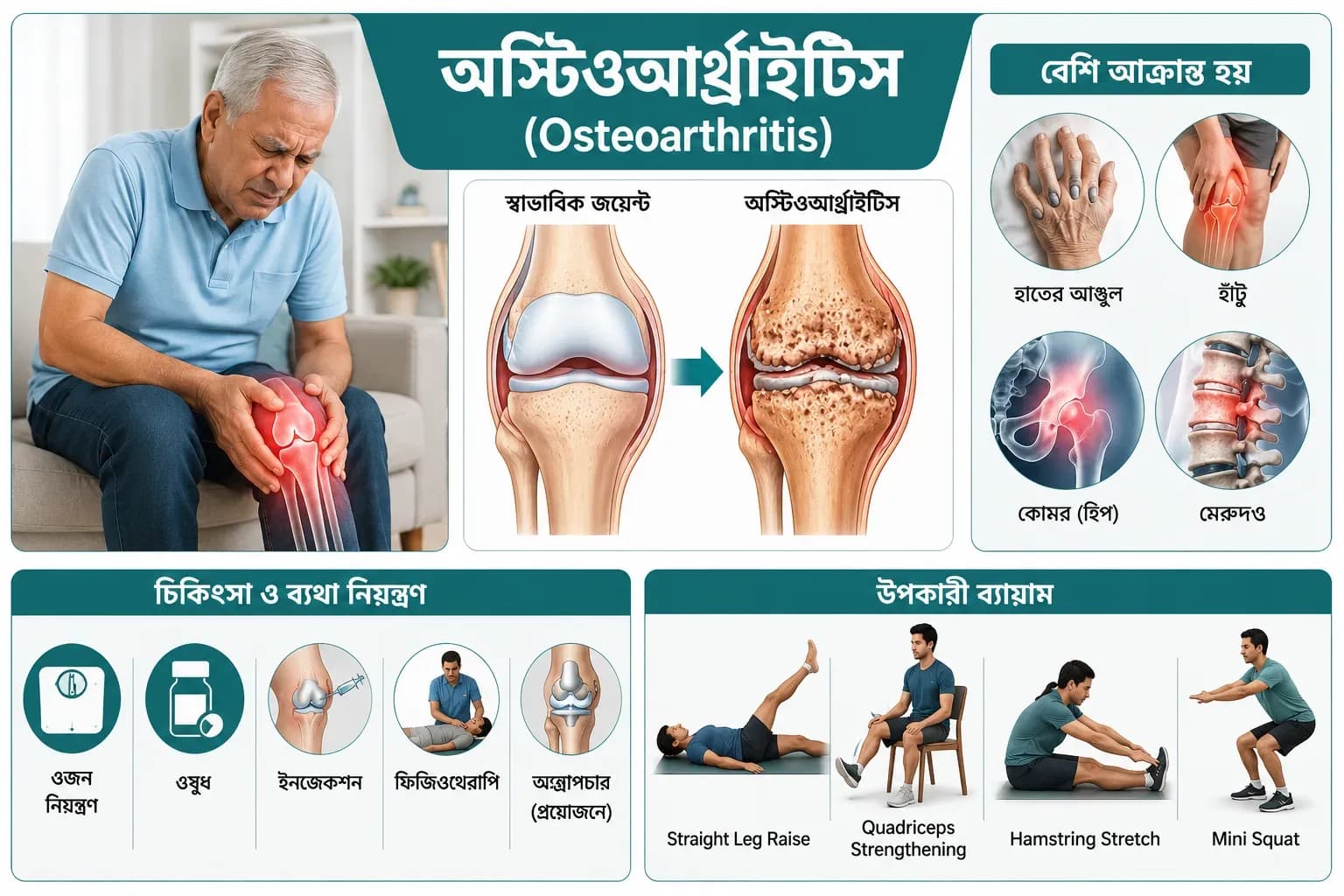 অস্টিওআর্থ্রাইটিস (Osteoarthritis): কারণ, লক্ষণ, ব্যথা নিয়ন্ত্রণ, চিকিৎসা, ব্যায়াম ও প্রতিরোধ