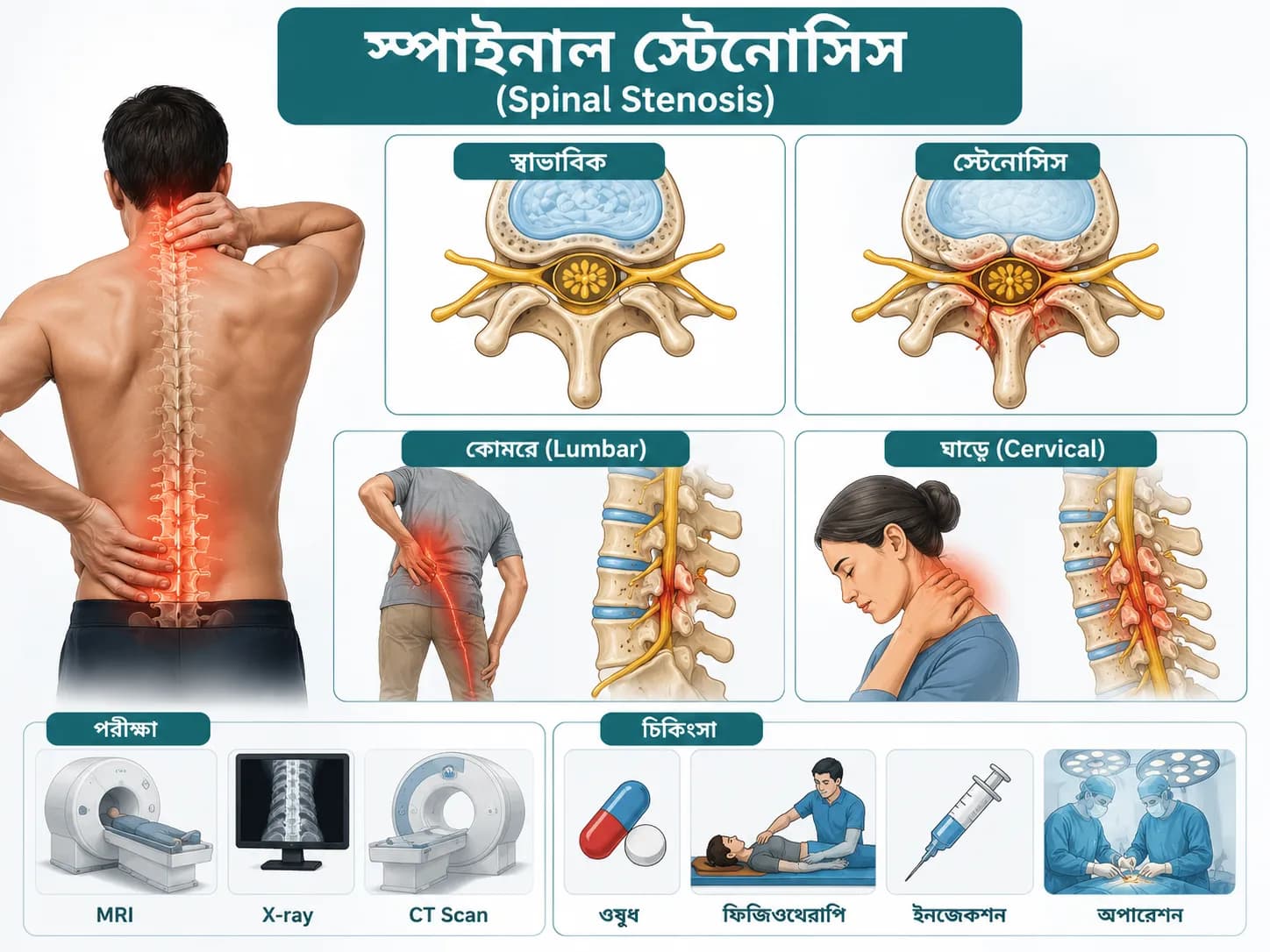 স্পাইনাল স্টেনোসিস (Spinal Stenosis): কারণ, লক্ষণ, পরীক্ষা, চিকিৎসা ও কখন অপারেশন প্রয়োজন