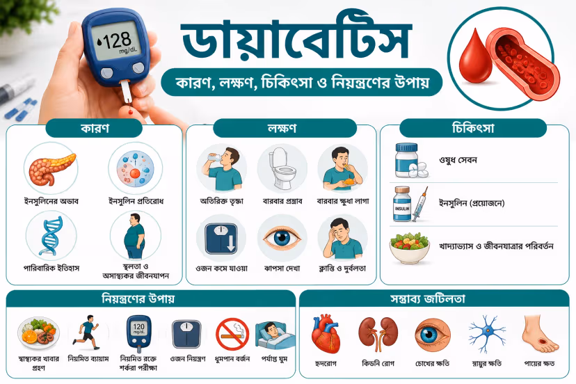 ডায়াবেটিস: কারণ, লক্ষণ, চিকিৎসা ও নিয়ন্ত্রণের উপায়