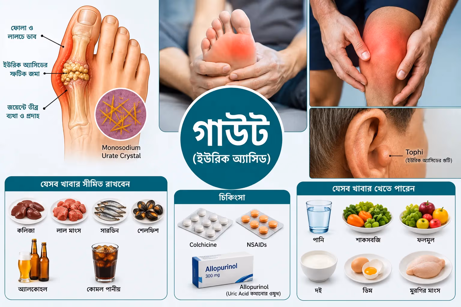গাউট (ইউরিক অ্যাসিড): কারণ, লক্ষণ, চিকিৎসা ও খাদ্যাভ্যাস