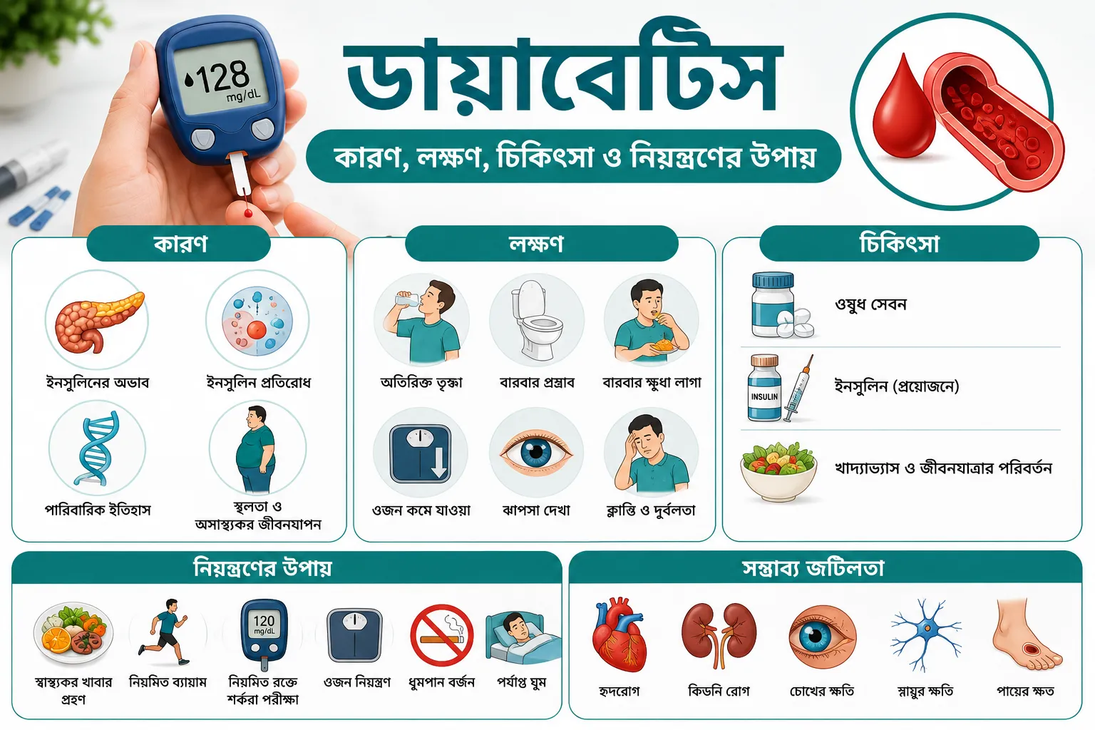 ডায়াবেটিস: কারণ, লক্ষণ, চিকিৎসা ও নিয়ন্ত্রণের উপায়