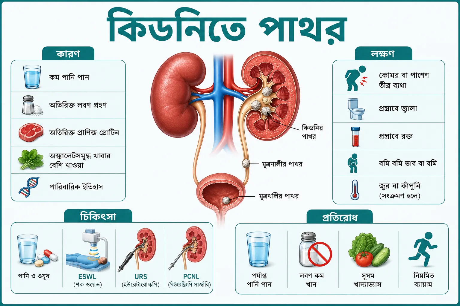 কিডনিতে পাথর: কারণ, লক্ষণ, চিকিৎসা ও প্রতিরোধ