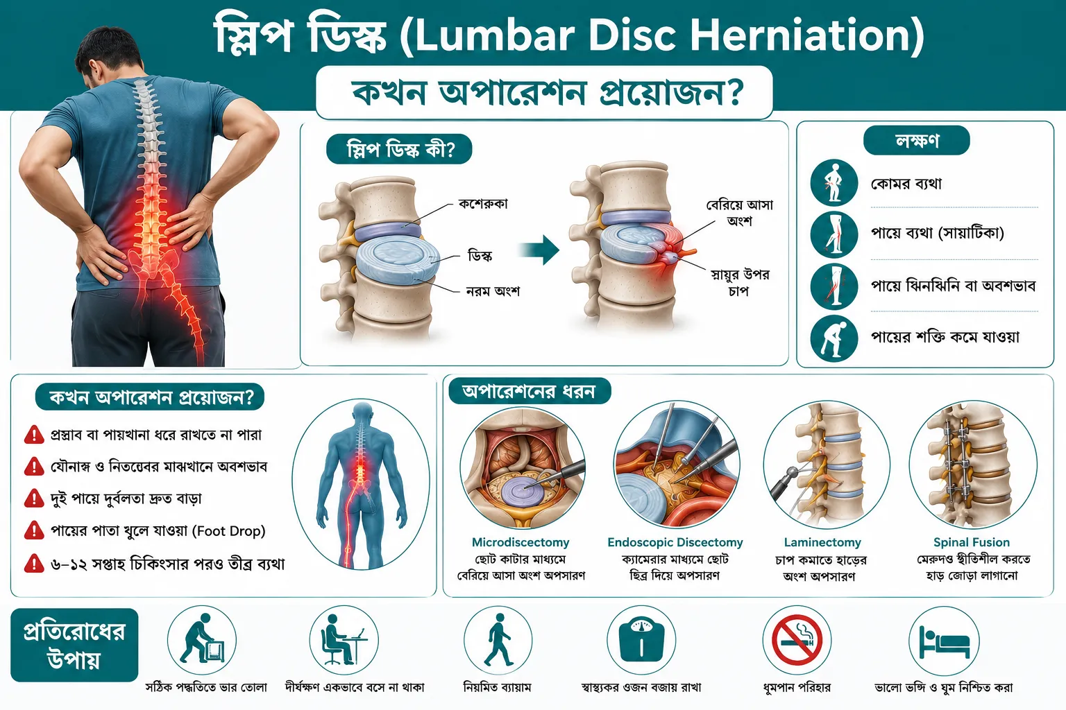 স্লিপ ডিস্ক (Lumbar Disc Herniation): কখন অপারেশন প্রয়োজন?