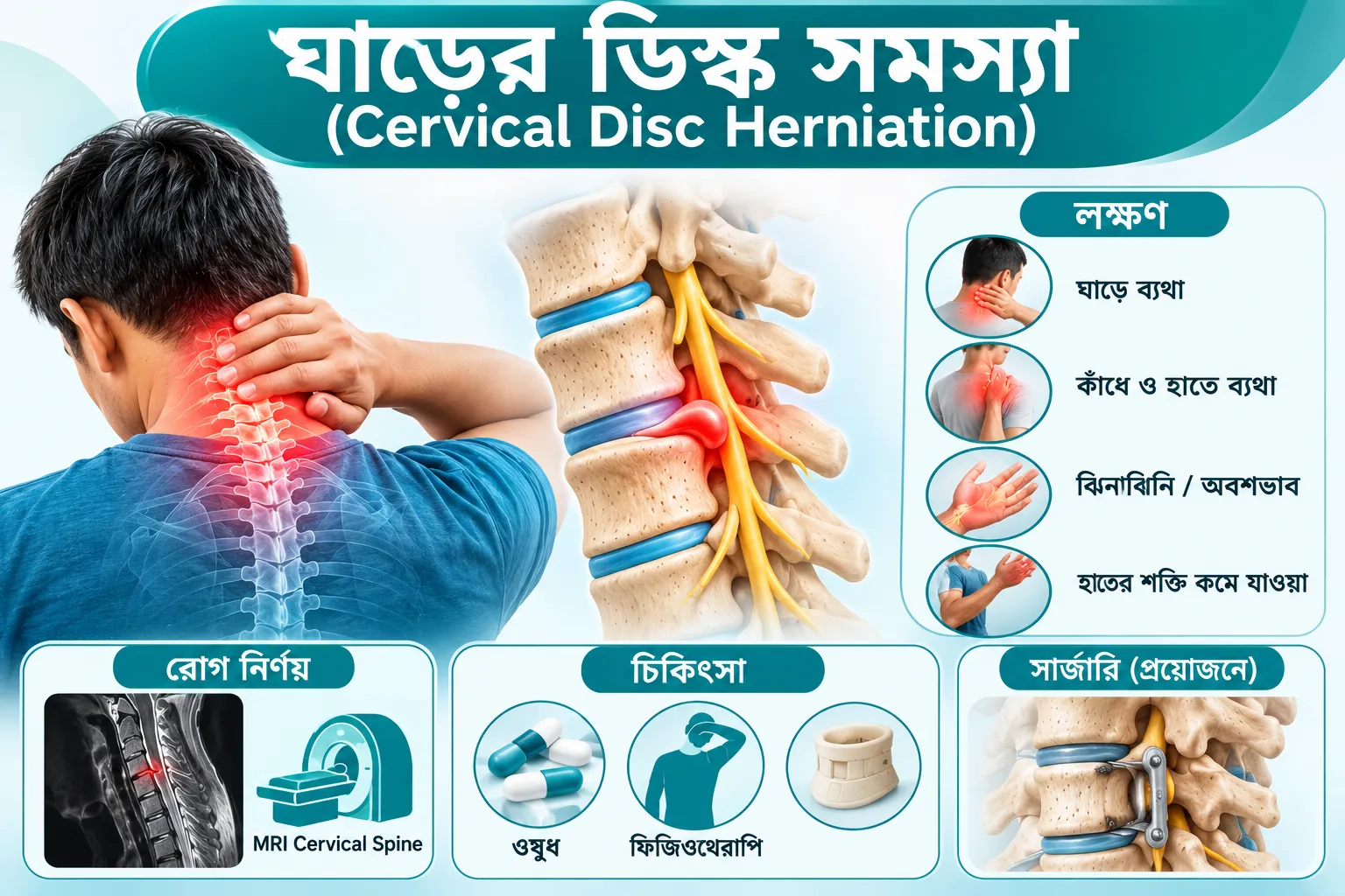 ঘাড়ের ডিস্ক সমস্যা (Cervical Disc Herniation): লক্ষণ, চিকিৎসা ও সার্জারি