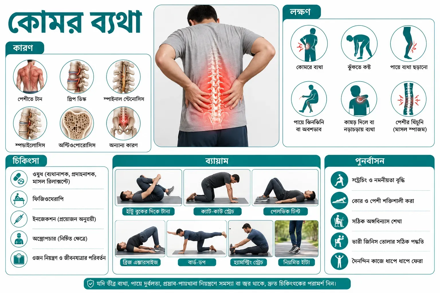 কোমর ব্যথা: কারণ, চিকিৎসা, ব্যায়াম ও পুনর্বাসন