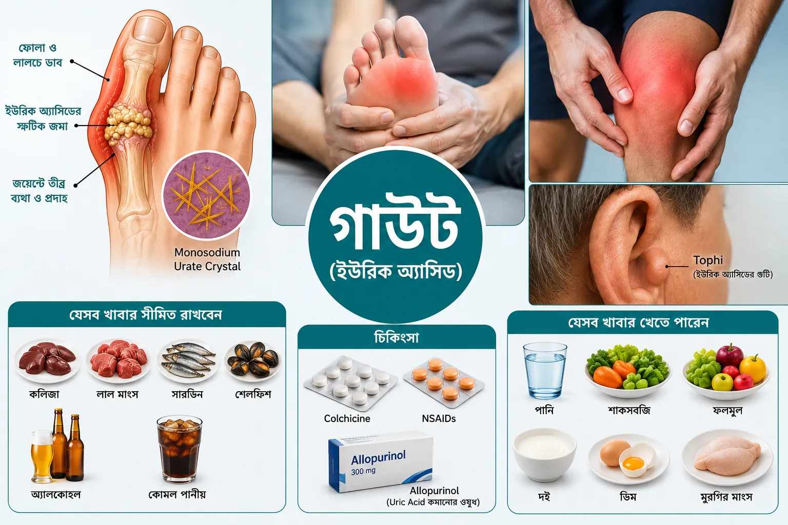 গাউট (ইউরিক অ্যাসিড): কারণ, লক্ষণ, চিকিৎসা ও খাদ্যাভ্যাস