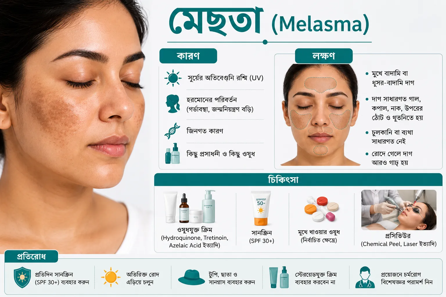 মেছতা (Melasma): কারণ, লক্ষণ, চিকিৎসা ও প্রতিরোধ
