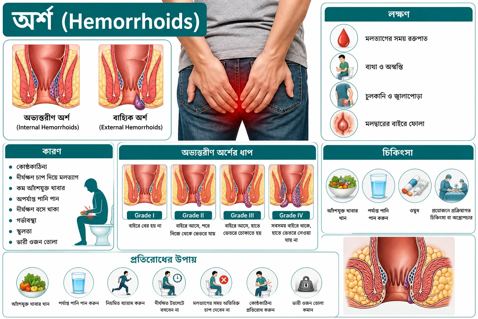 অর্শ (Hemorrhoids): কারণ, লক্ষণ, চিকিৎসা ও প্রতিরোধ