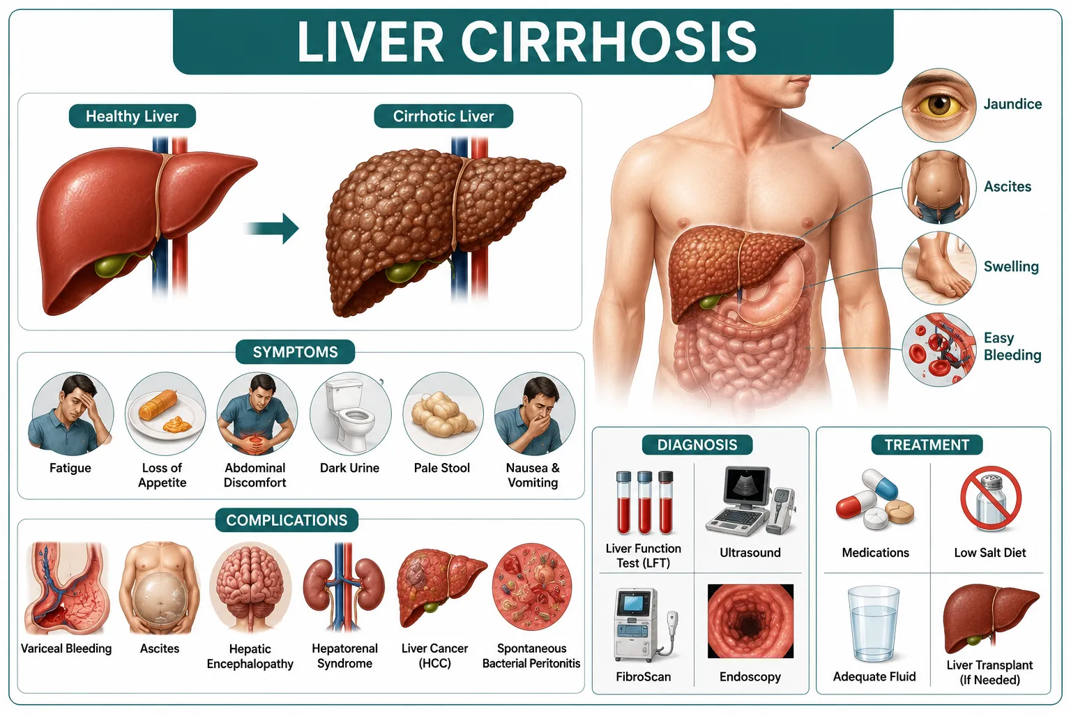 লিভার সিরোসিস (Liver Cirrhosis): কারণ, লক্ষণ, পরীক্ষা, চিকিৎসা, জটিলতা ও প্রতিরোধ