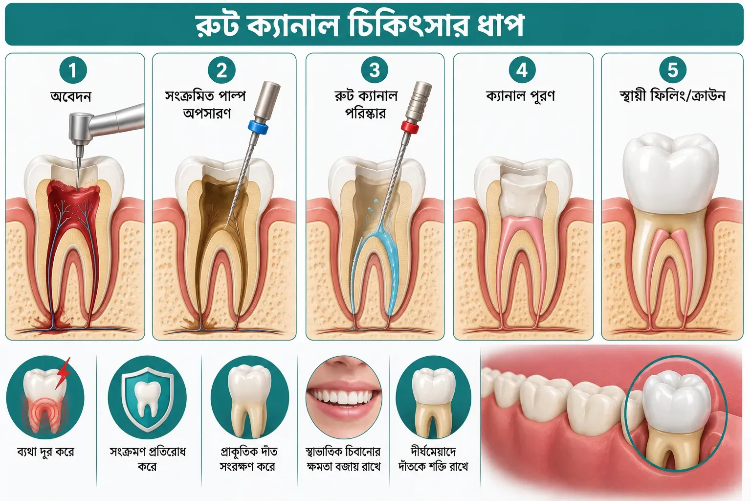 রুট ক্যানাল চিকিৎসা (Root Canal Treatment): কখন প্রয়োজন, ধাপ, সুবিধা, ঝুঁকি ও পরবর্তী যত্ন